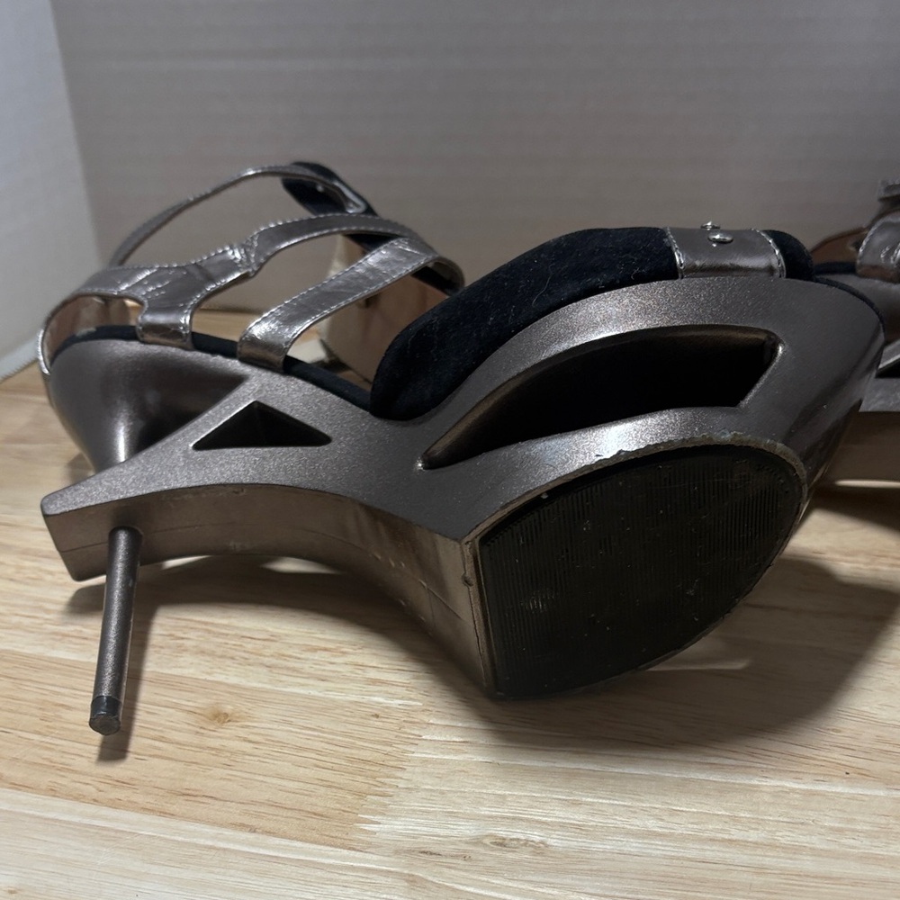 Bumper Black Suede & Silver Metallic Strappy High Heel Sandals with Red Insoles - Picture 9 of 10